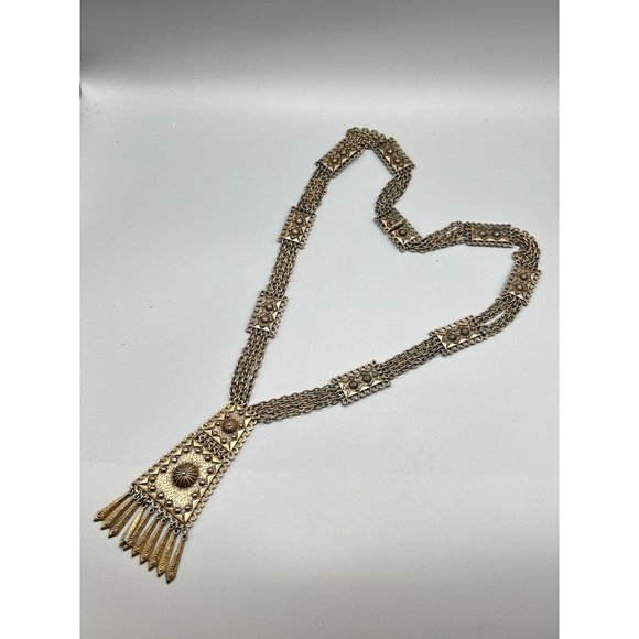 Vintage Etruscan Revival Necklace Multi Chain Fringe Tassel Antiqued Gold Tone - Picture 2 of 11